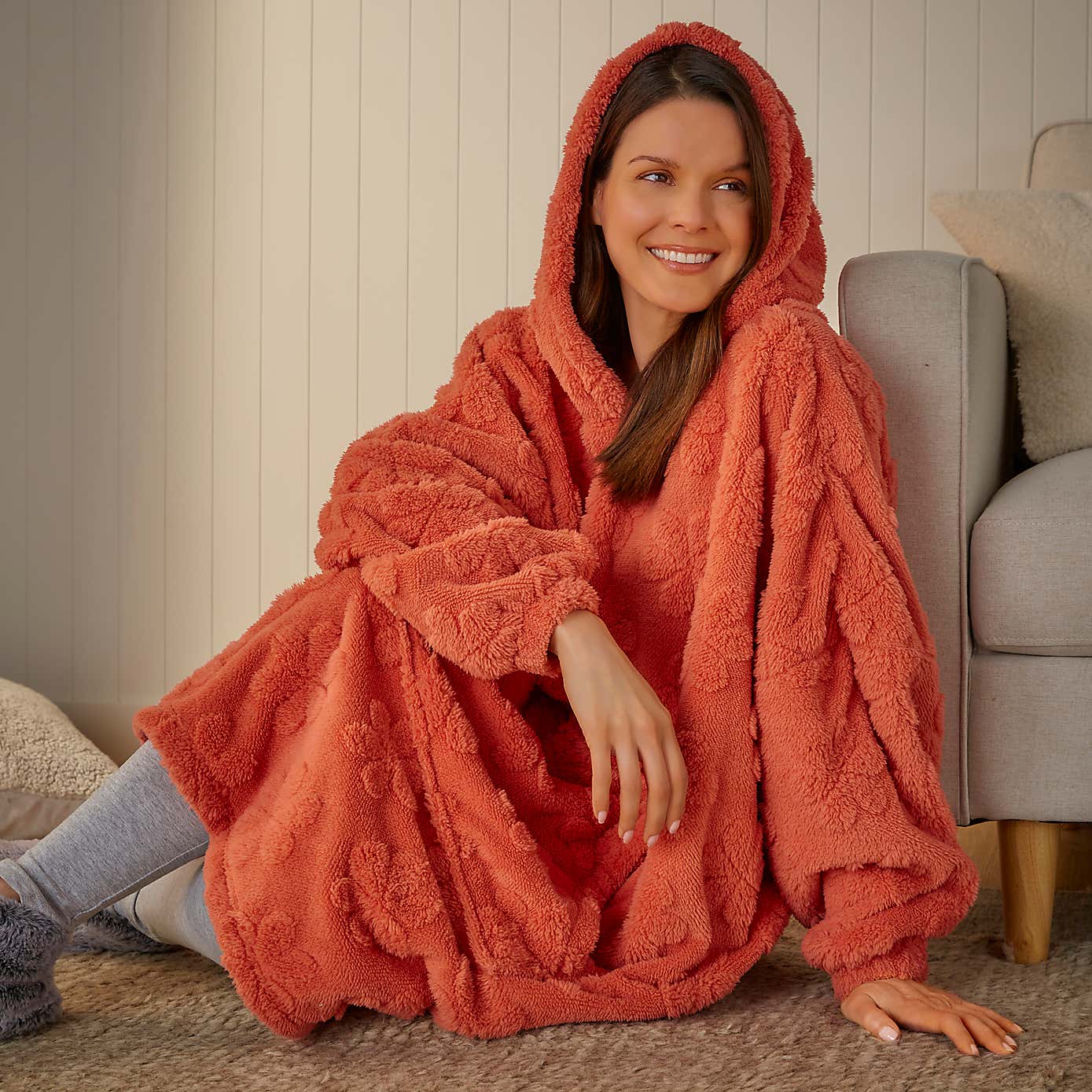 Flower Carved Oversized Fleece Hoodie, Coral