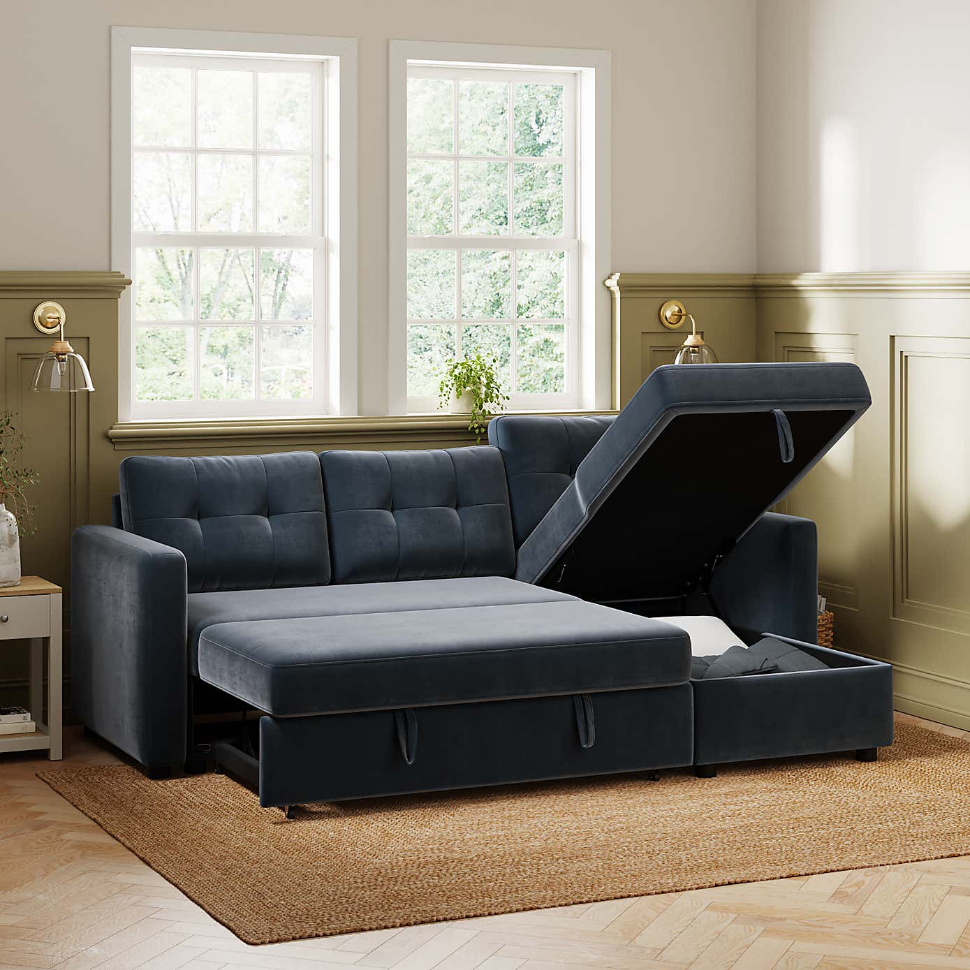 Barker Velvet Trundle Corner Chaise Sofa Bed