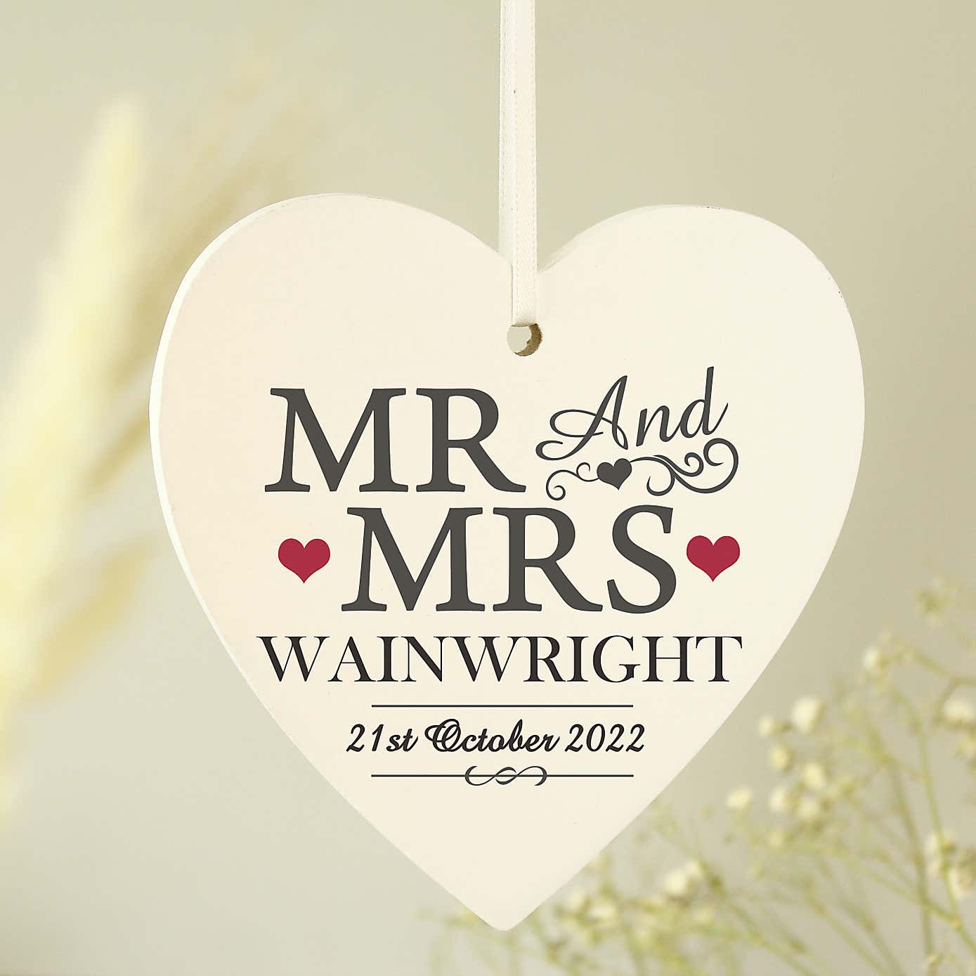 Personalised Mr and Mrs Wooden Heart Decoration