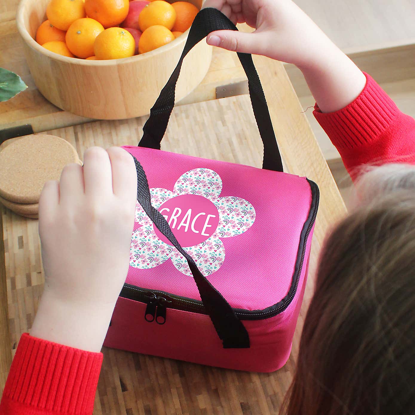 Personalised Pink Flower Lunch Bag
