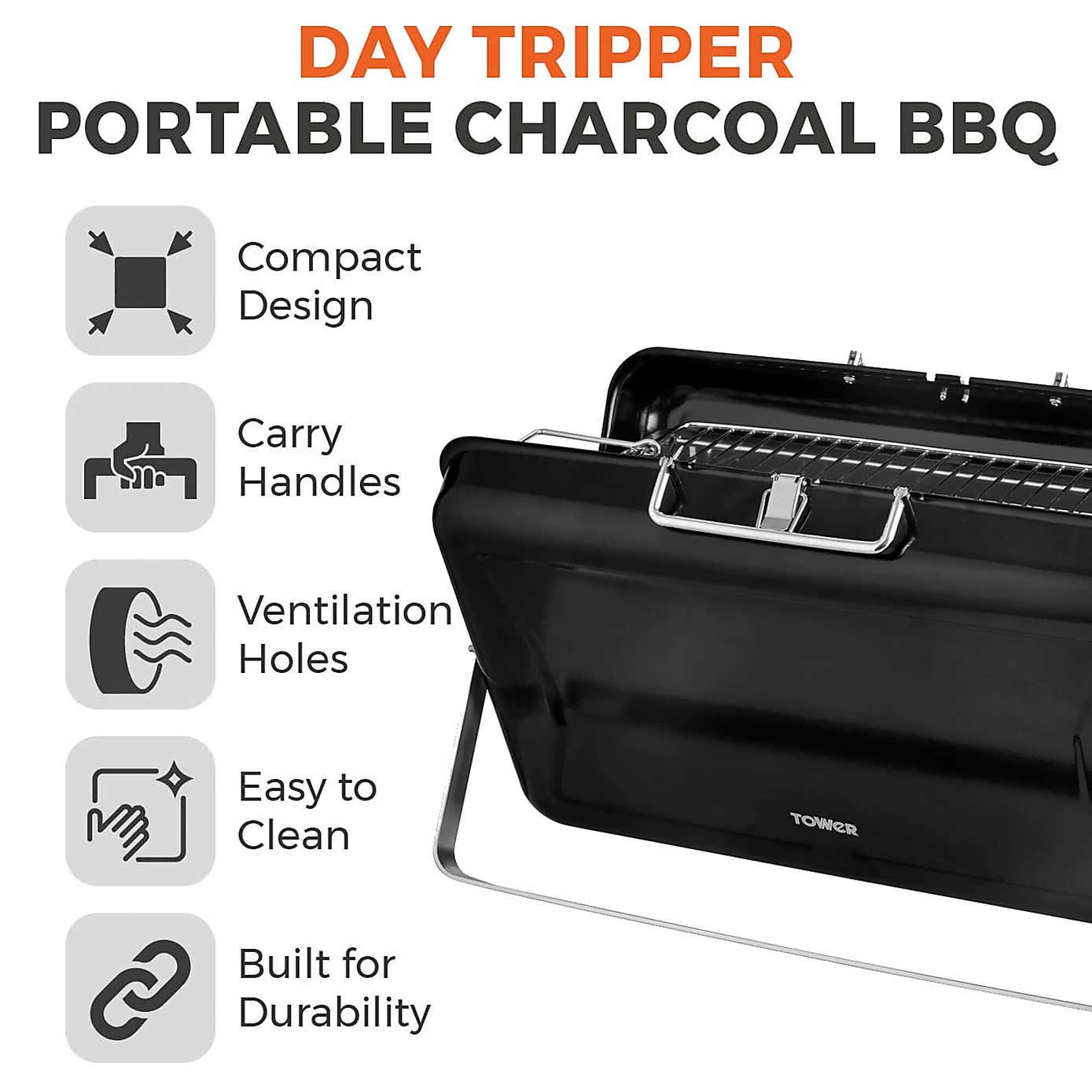 Tower Day Tripper Portable Charcoal Grill, Black Steel