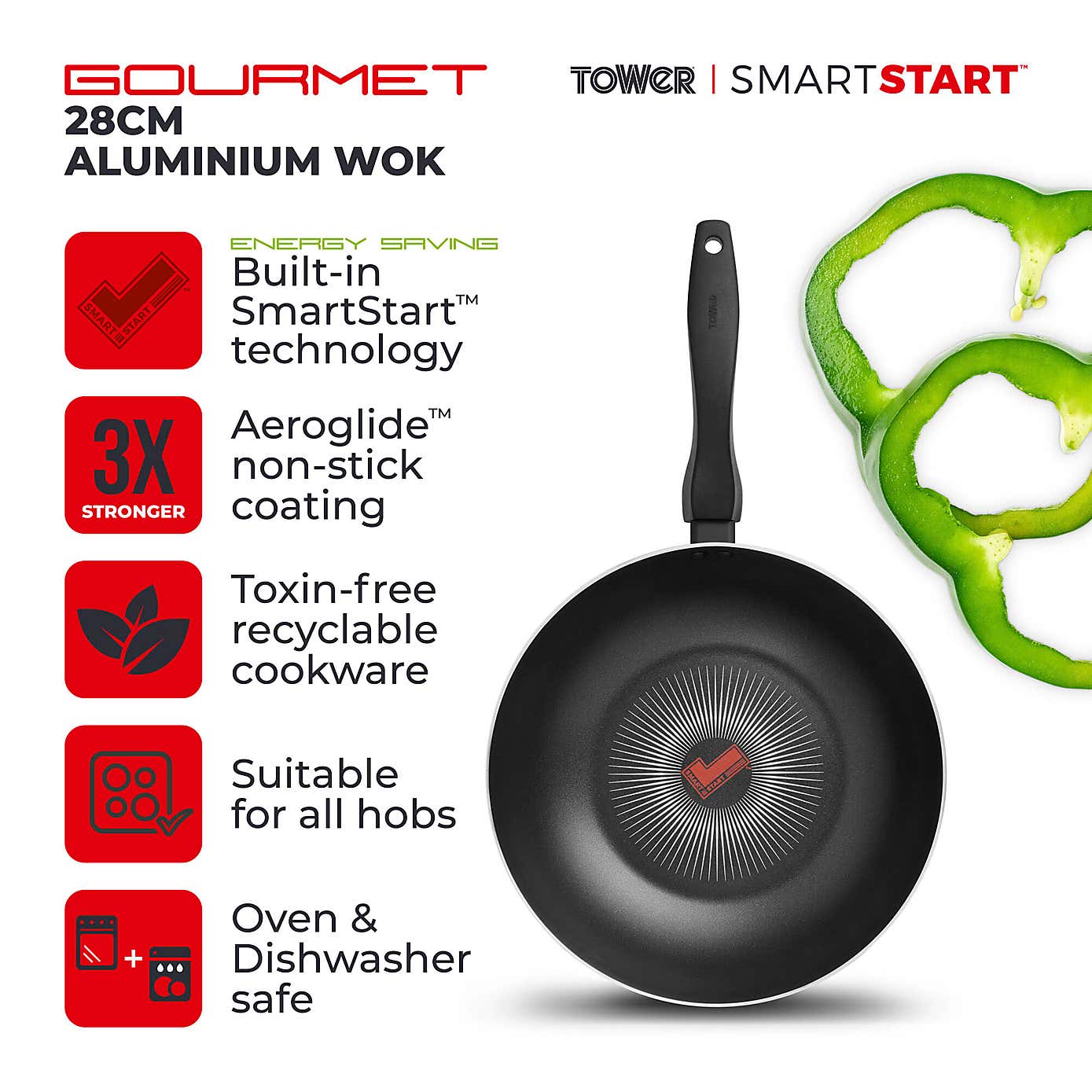 Tower Smart Start Gourmet Non-Stick Aluminium Wok, 28cm