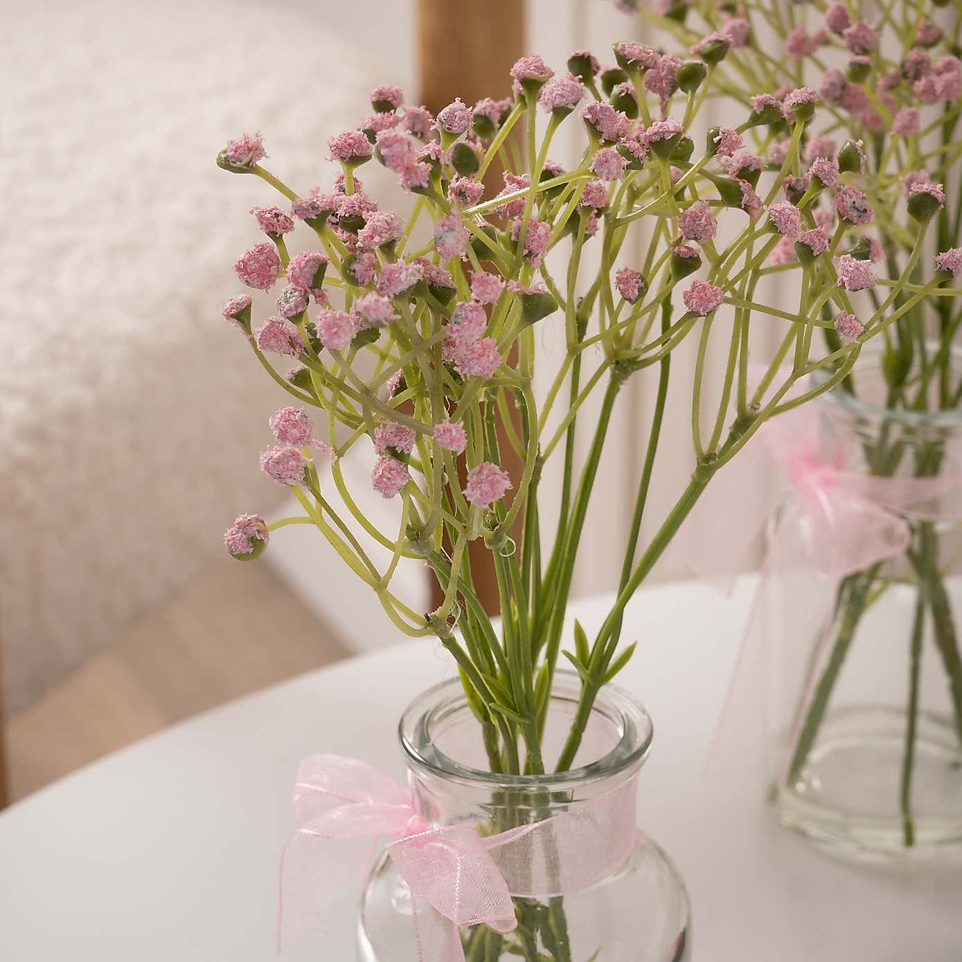 Set of 3 Artificial Gypsophila Bundles in Glass Bottle Vases