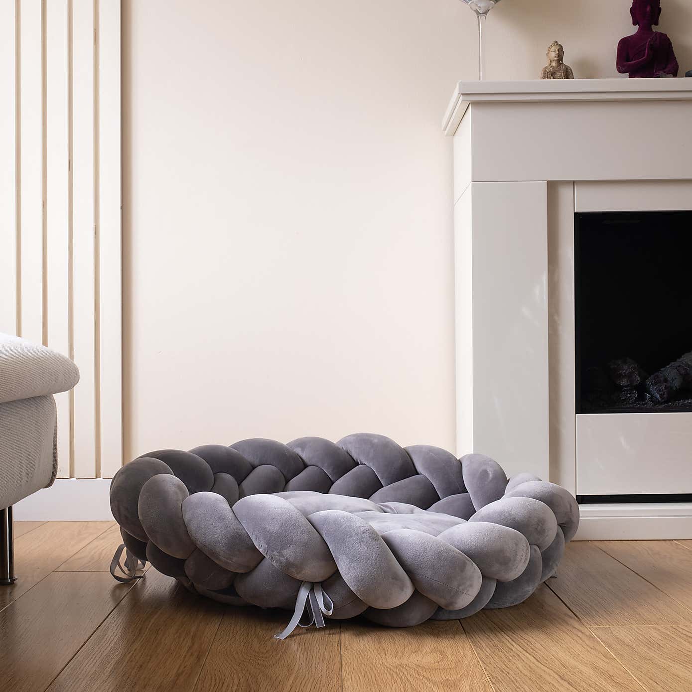 Grey Braided Velvet Pet Bed