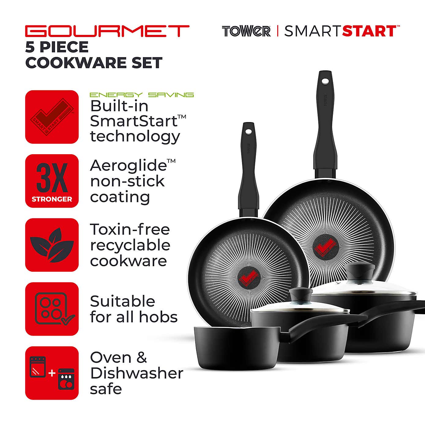 Tower Smart Start Gourmet Non-Stick Aluminium 5 Piece Pan Set