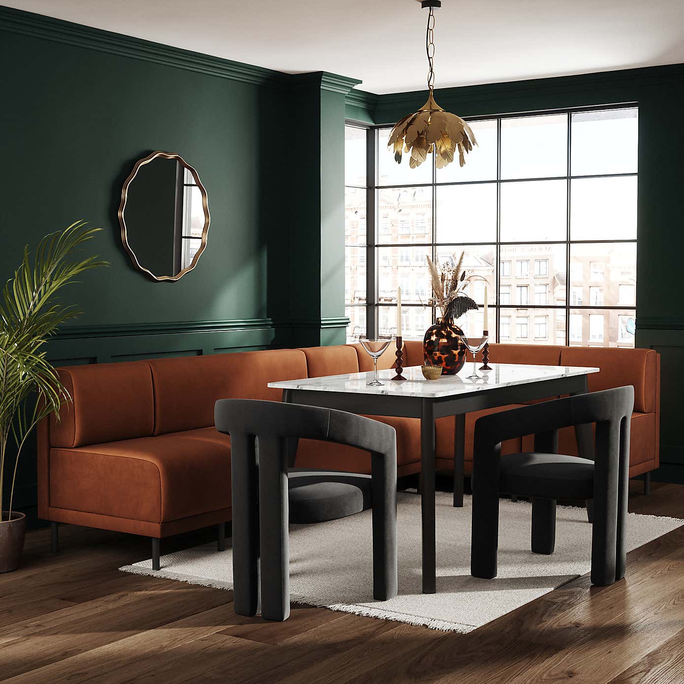 Mae Matte Plush Velvet Left Hand Dining Bench Orange Bundle