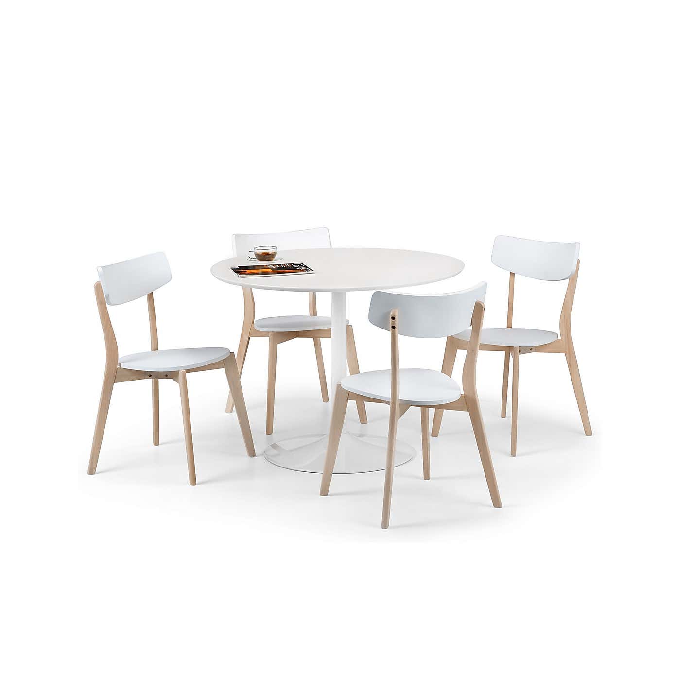 Blanco Round White Pedestal Dining Table with 4 Casa Dining Chairs