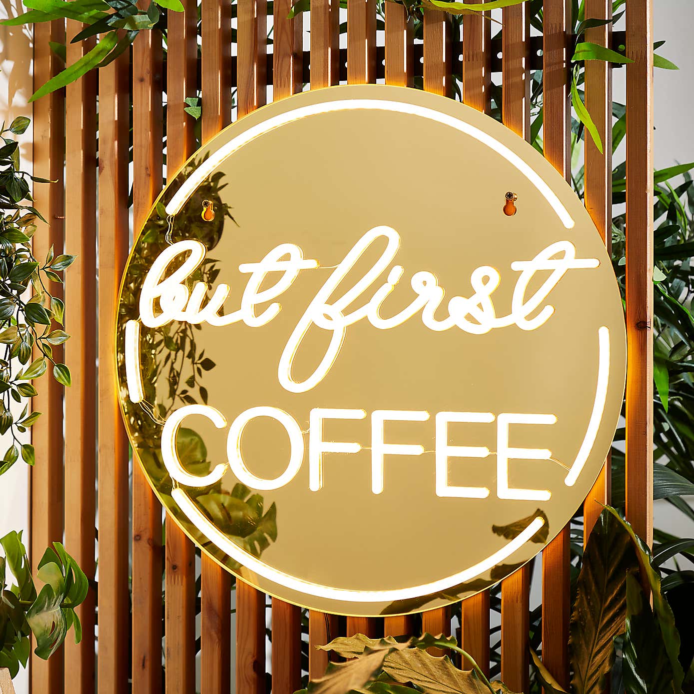 'But First Coffee' Indoor Outdoor Mirrored Neon Sign