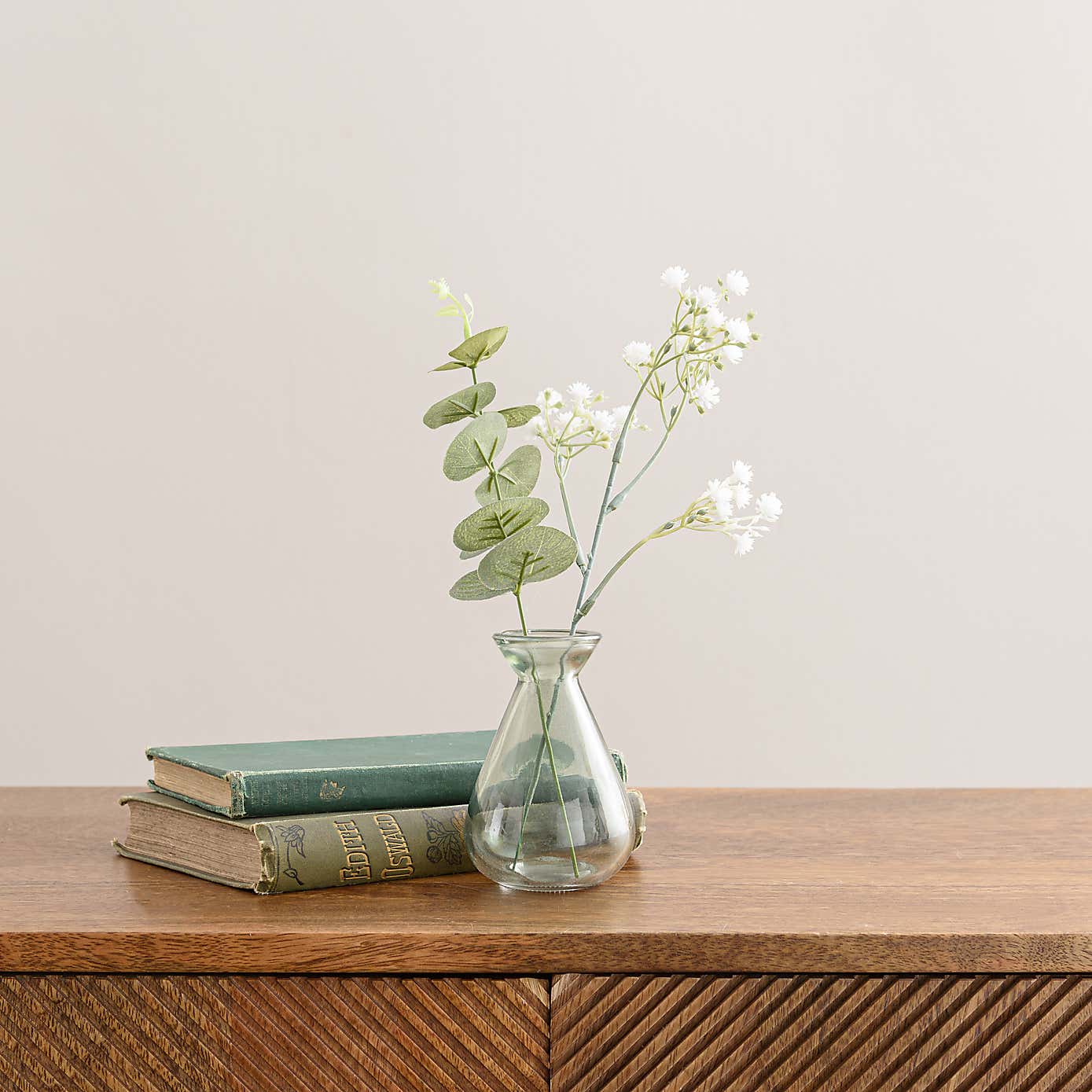Artificial Set of 3 Eucalyptus and Gypsophila Stems in Glass Vases