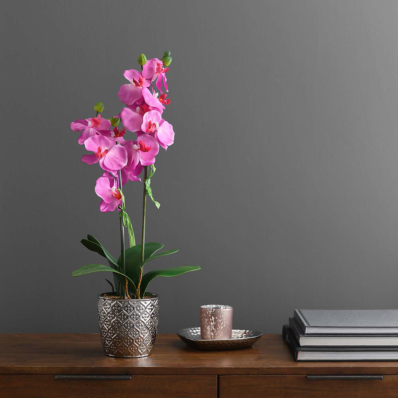Artificial Pink Orchid in Silver Plant Pot