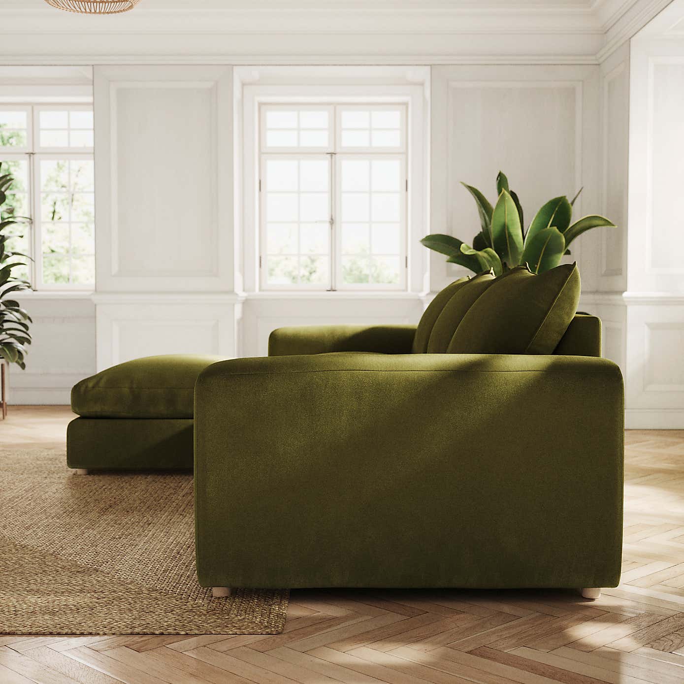 Full Circle Austin Luxury Velvet Left Hand Facing Corner Chaise, Olive