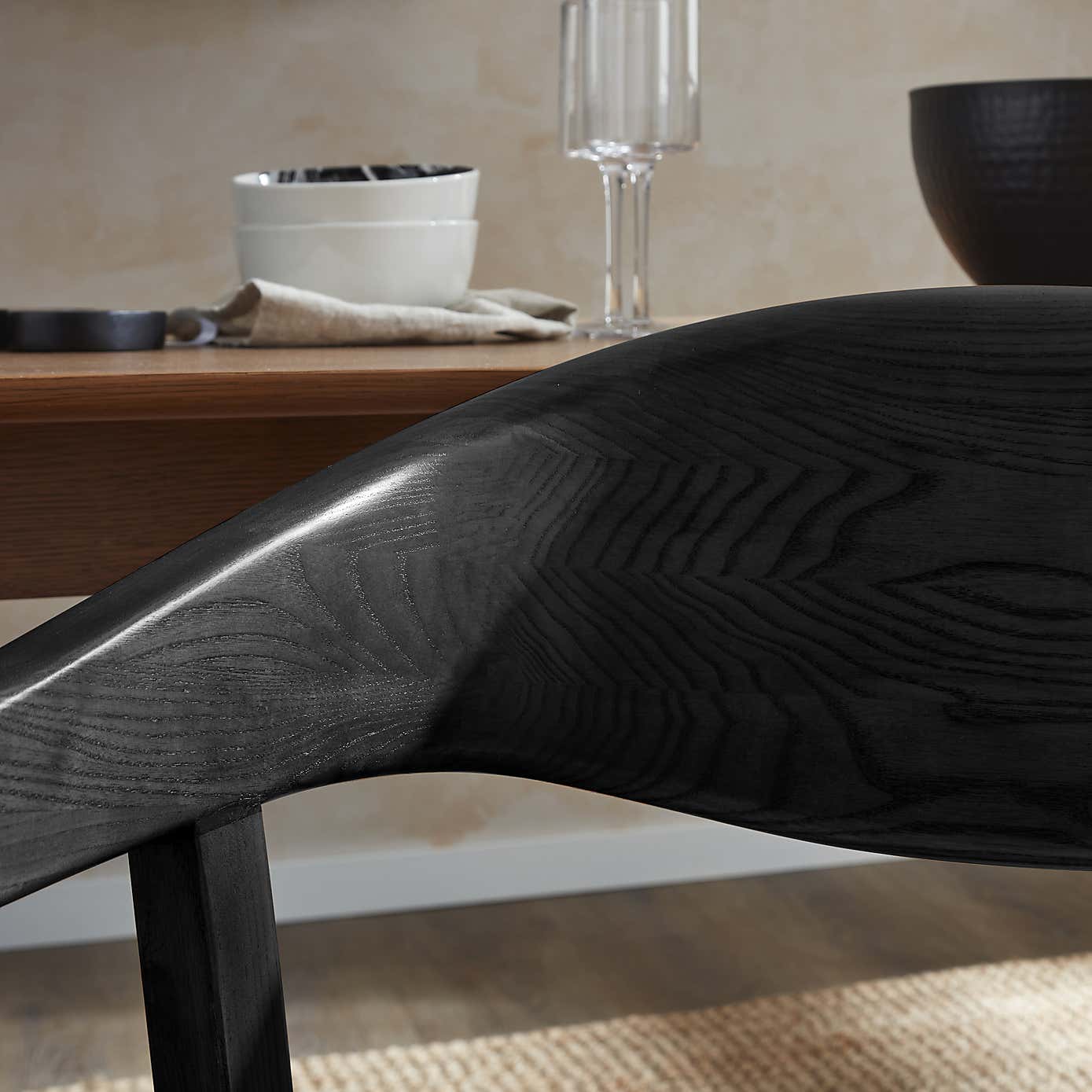 Karla Rectangular Extendable Dining Table with Oskar Black Stained Ivory Boucle Dining Chairs