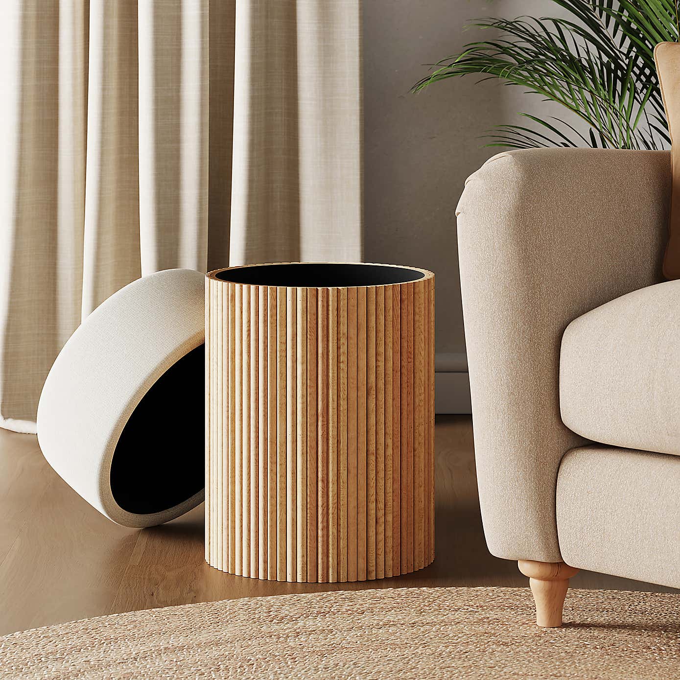 Fluted Wooden Storage Footstool