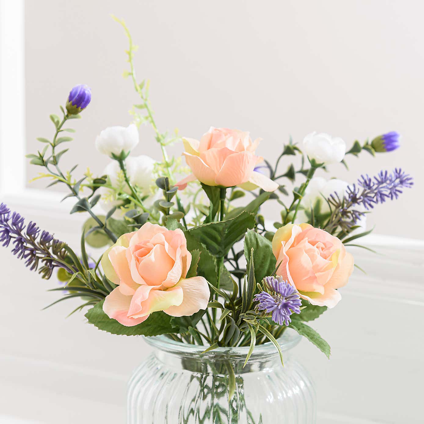 Artificial Rose and Lavender Bouquet in Glass Vase
