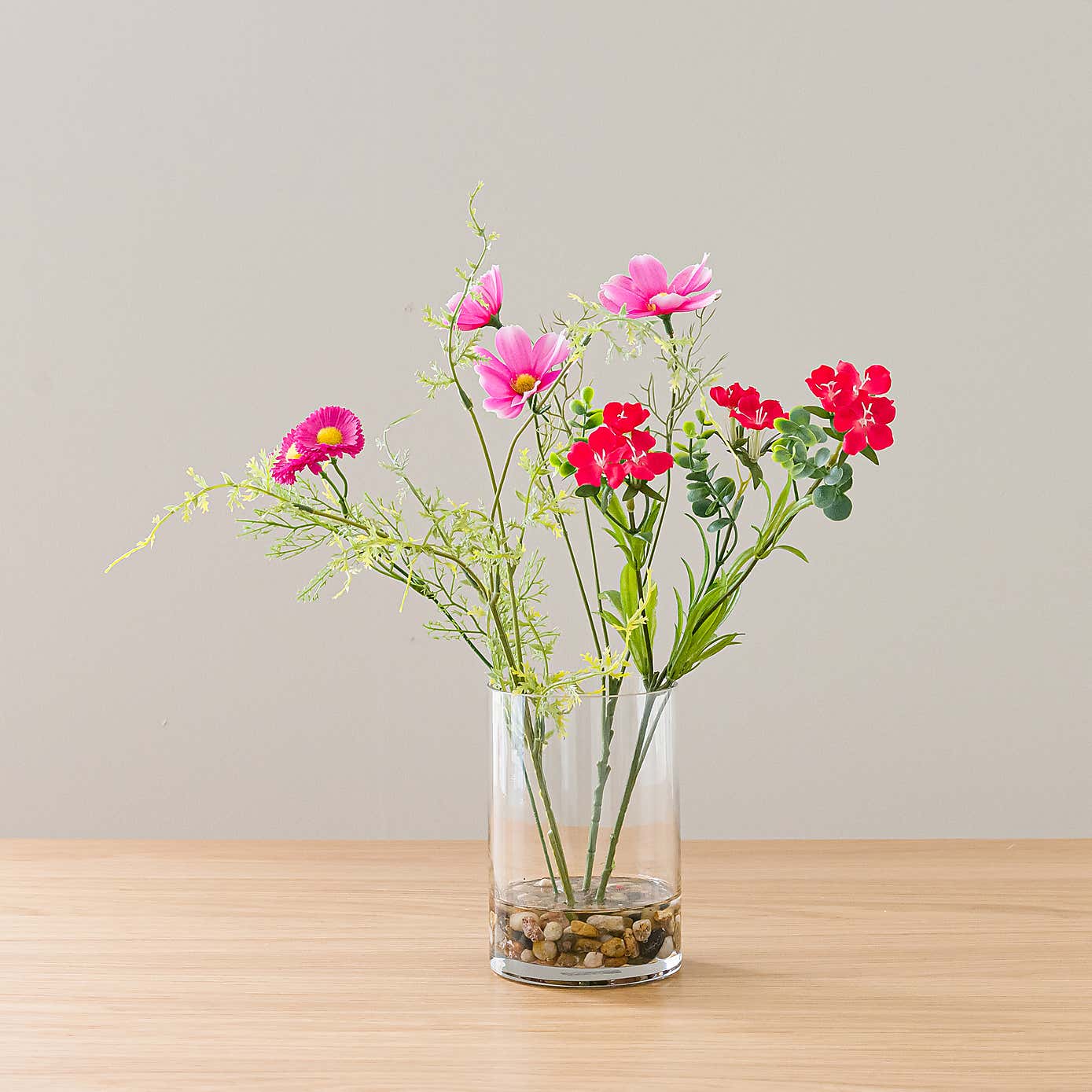 Artificial Pink & Red Wildflower Bouquet in Glass Vase with Wild Rhubarb Candle