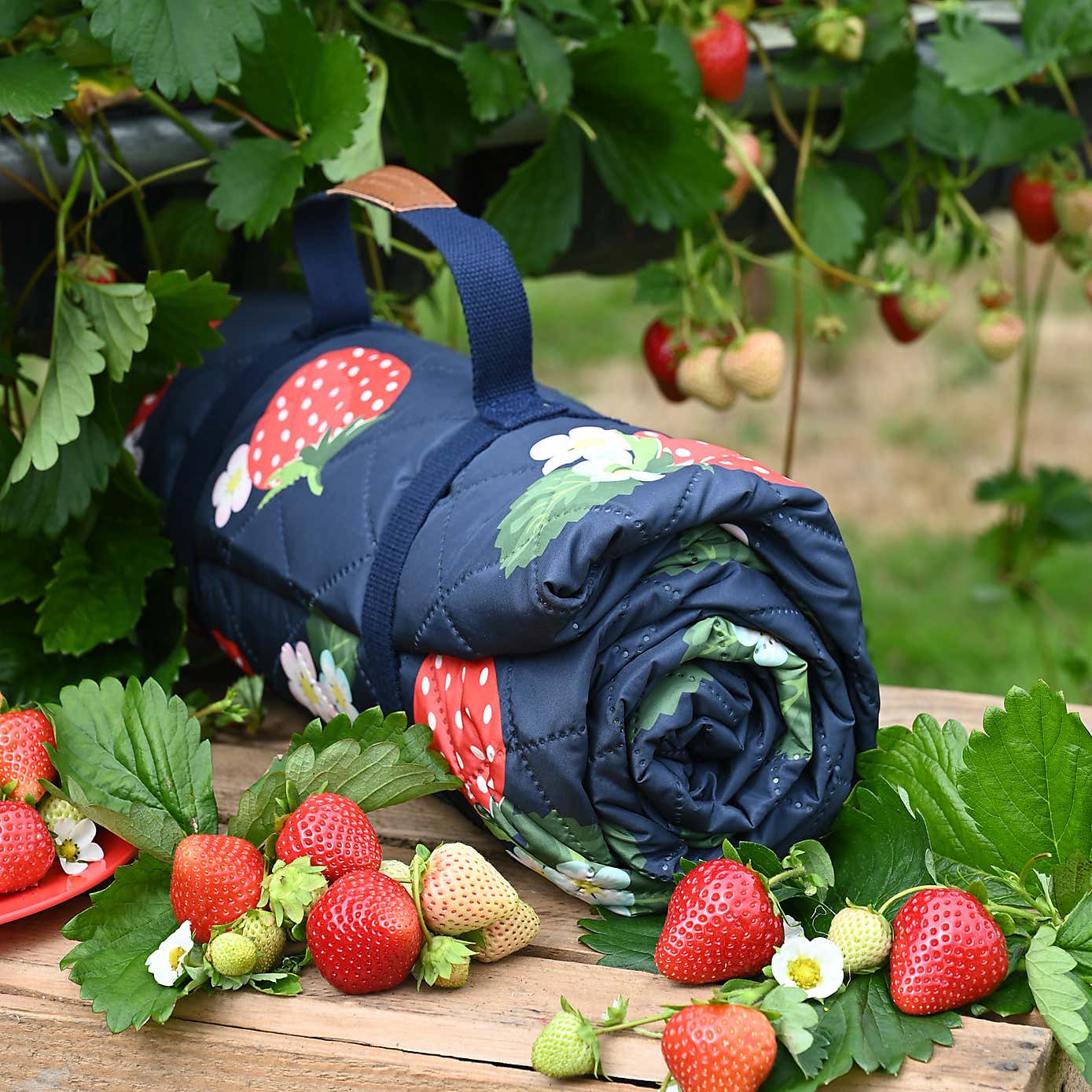 Strawberries & Cream Extra-Large Family Sized Quilted Picnic Blanket with Carry Handle