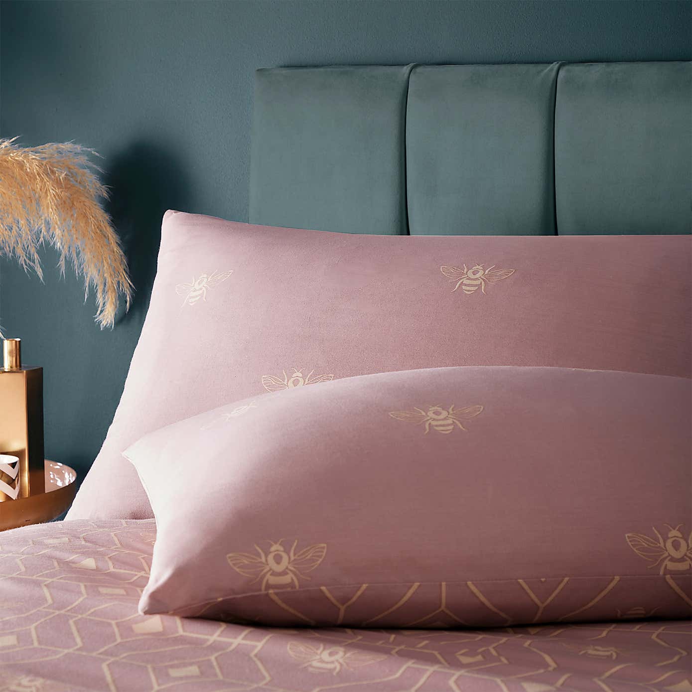 Pink and Gold Bee Deco Reversible Duvet Cover and Pillowcase Set