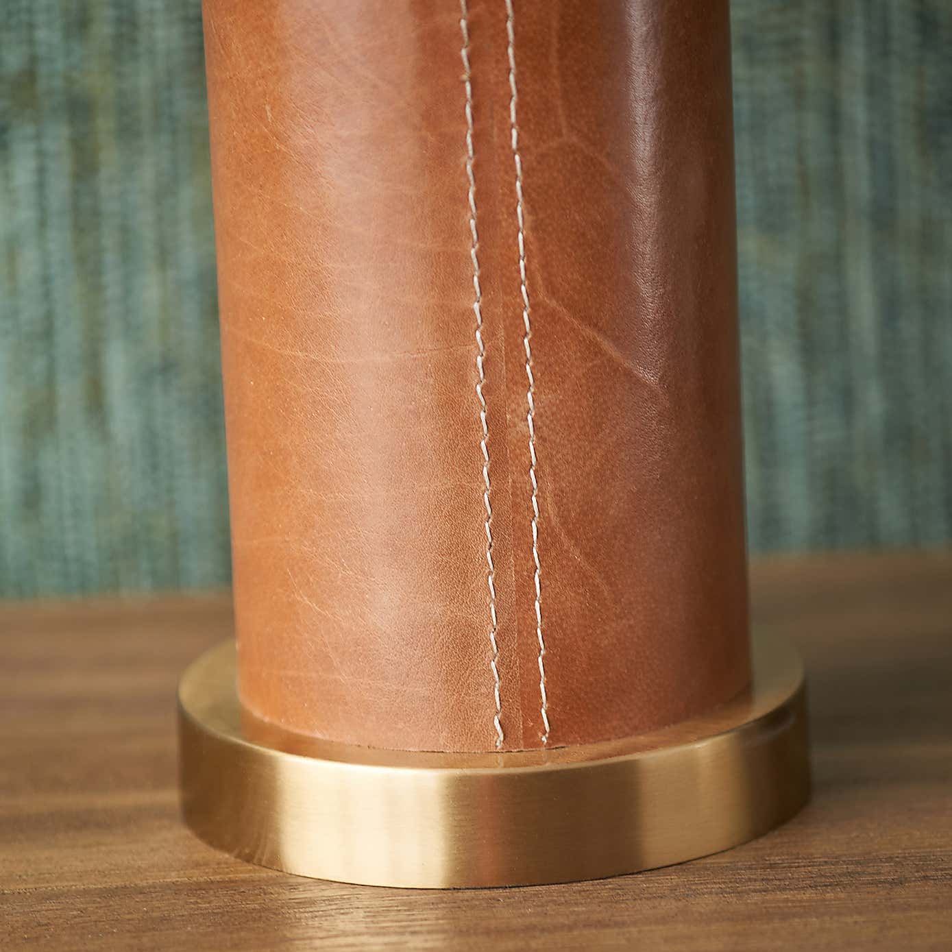 Laurence Tan Leather and Brass Cylindrical Table Lamp with 35cm Linen Drum Shade