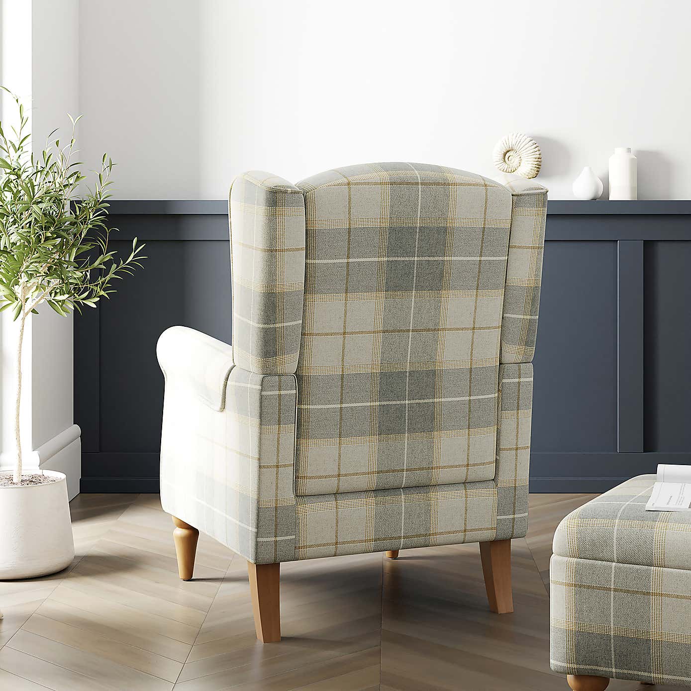 Oswald Check Armchair, Natural Grey