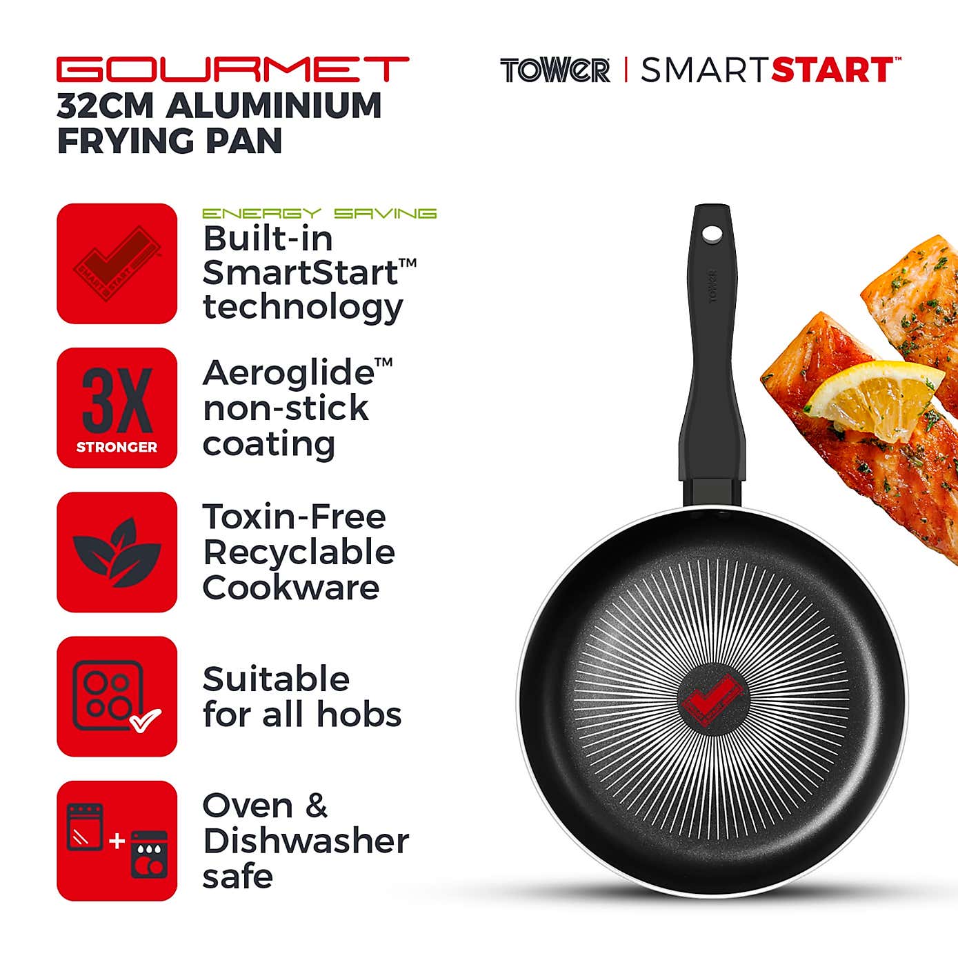 Tower Smart Start Gourmet Non-Stick Aluminium Frying Pan, 32cm