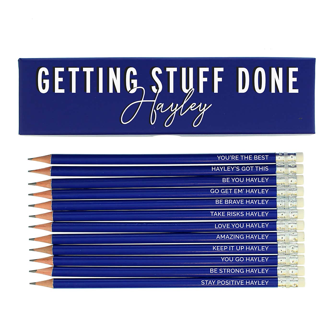 Personalised Getting Stuff Done Box and 12 Blue HB pencils