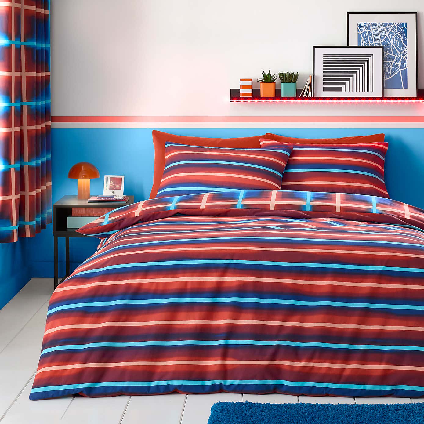 Red & Blue Neon Checks Reversible Duvet Cover and Pillowcase Set