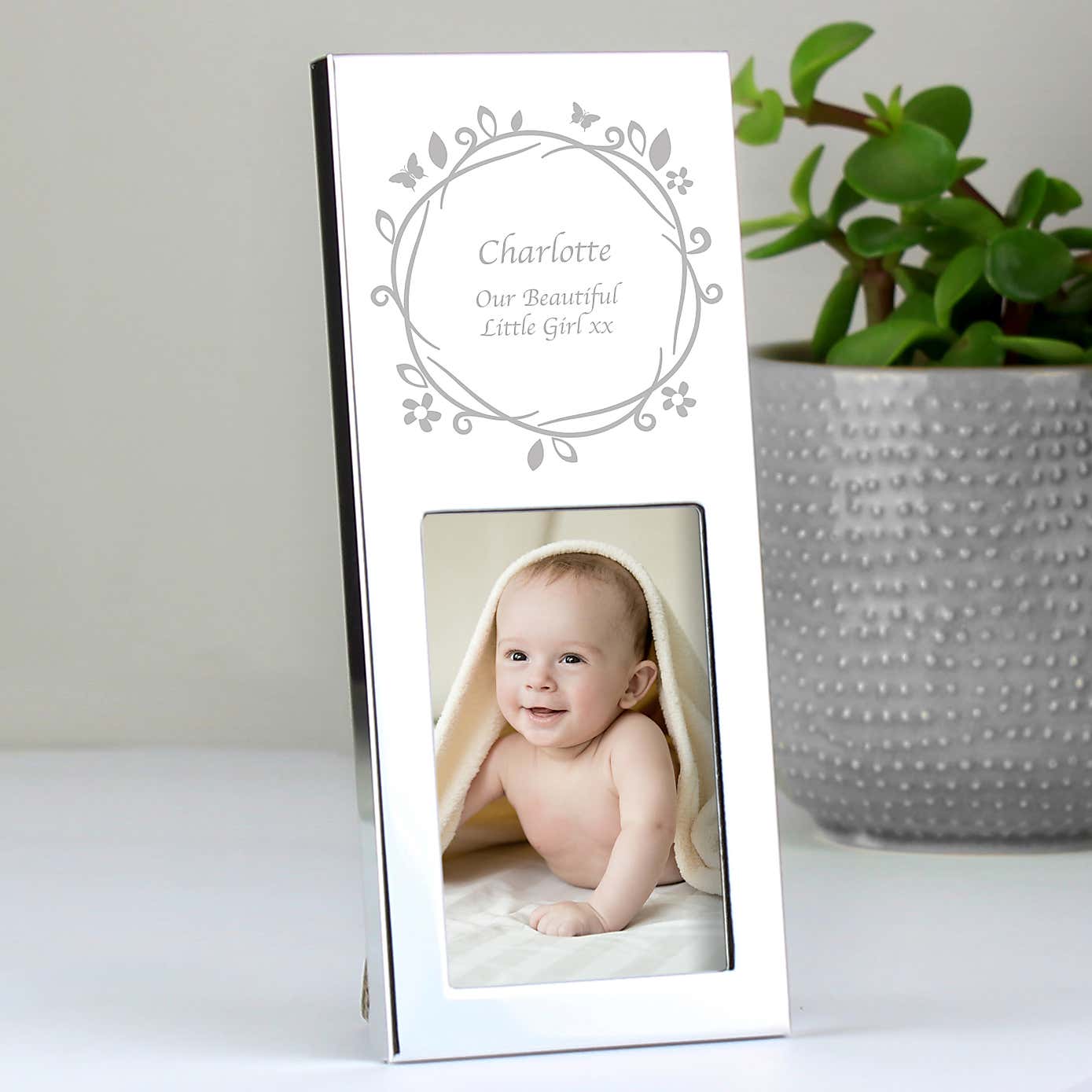 Personalised Small Butterfly Swirl Silver Portrait Photo Frame