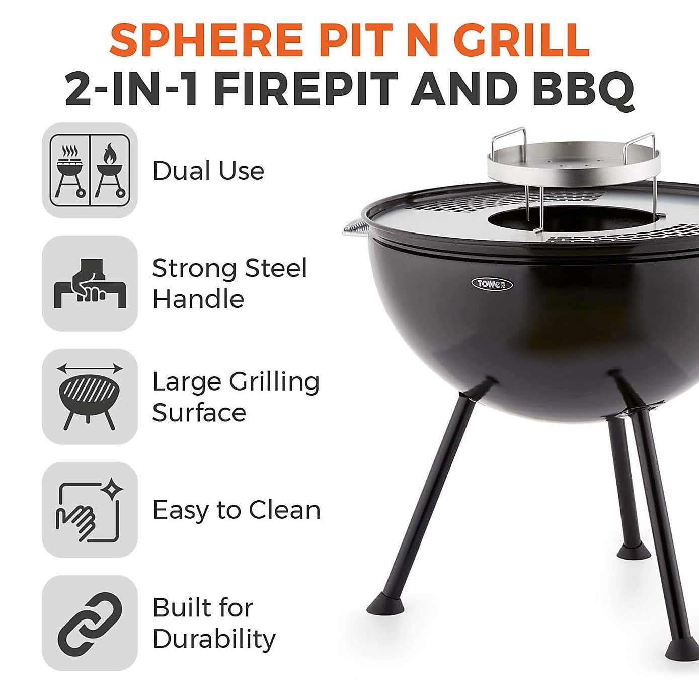 Tower Sphere Charcoal Pit 'n' Grill, Black Steel