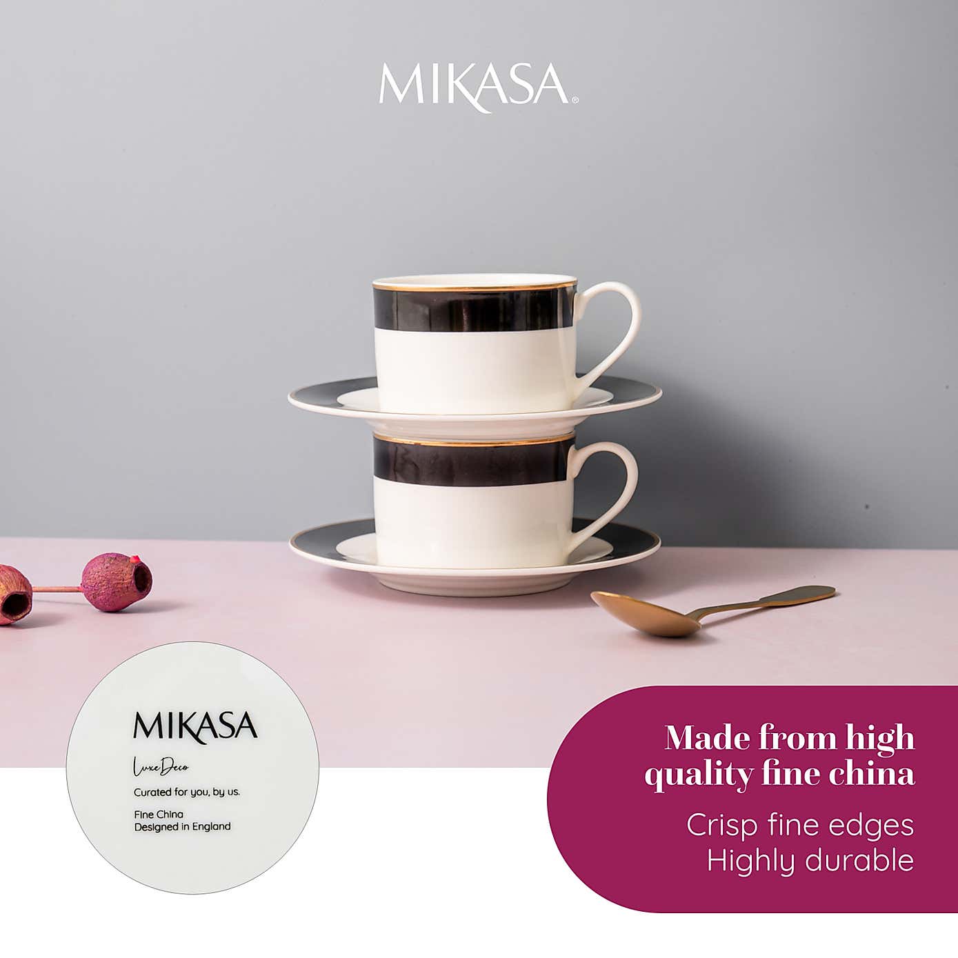 Mikasa Set of 2 Luxury Deco Clay Teacups & Saucers