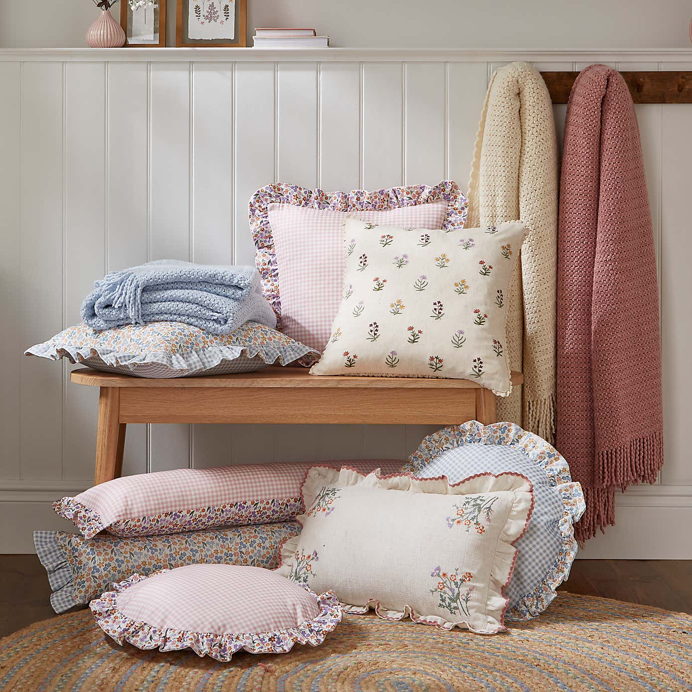 Primrose Floral Ruffle Edge Rectangular Cushion