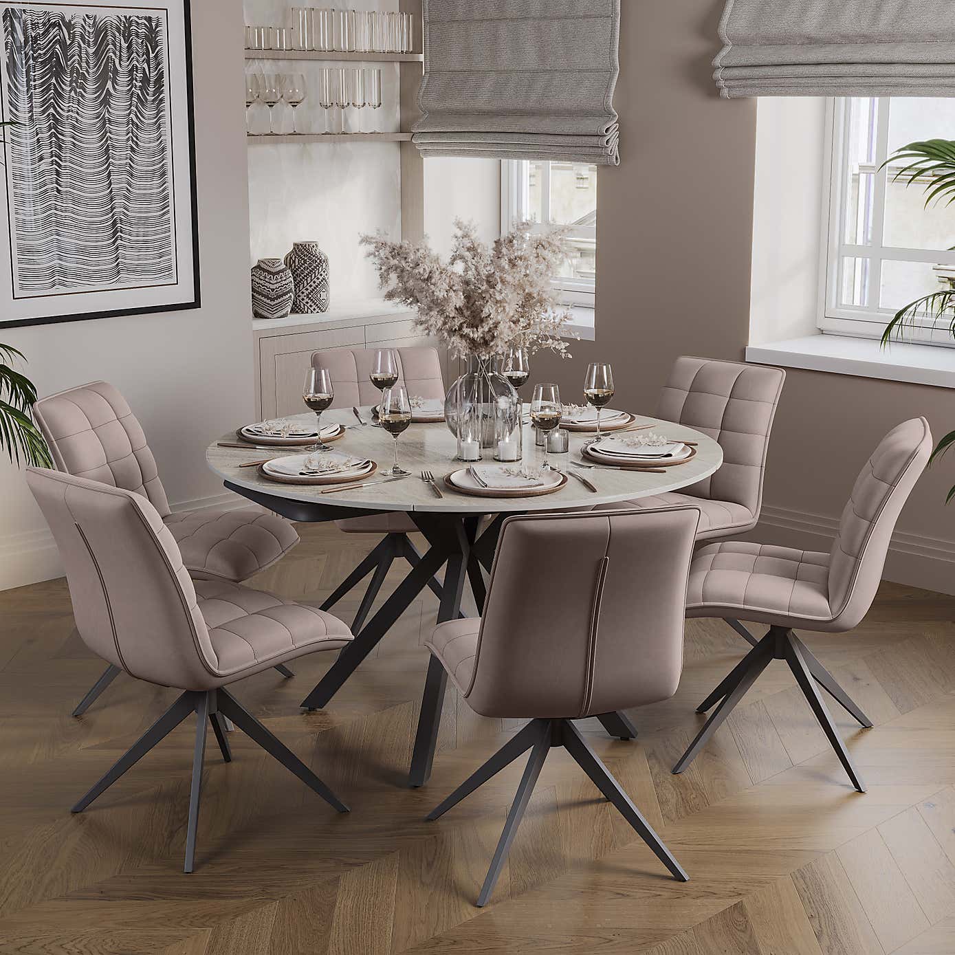 Indus Valley Camden 4-6 Seater Round Extendable Dining Table With 6 Aura Dining Chairs