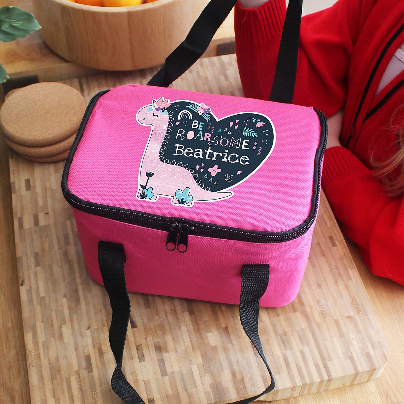 Personalised Pink Dinosaur Lunch Bag