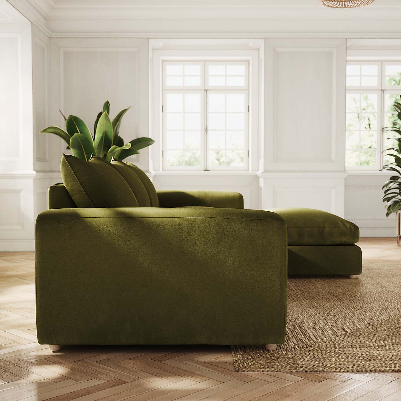 Full Circle Austin Luxury Velvet Right Hand Facing Corner Chaise, Olive