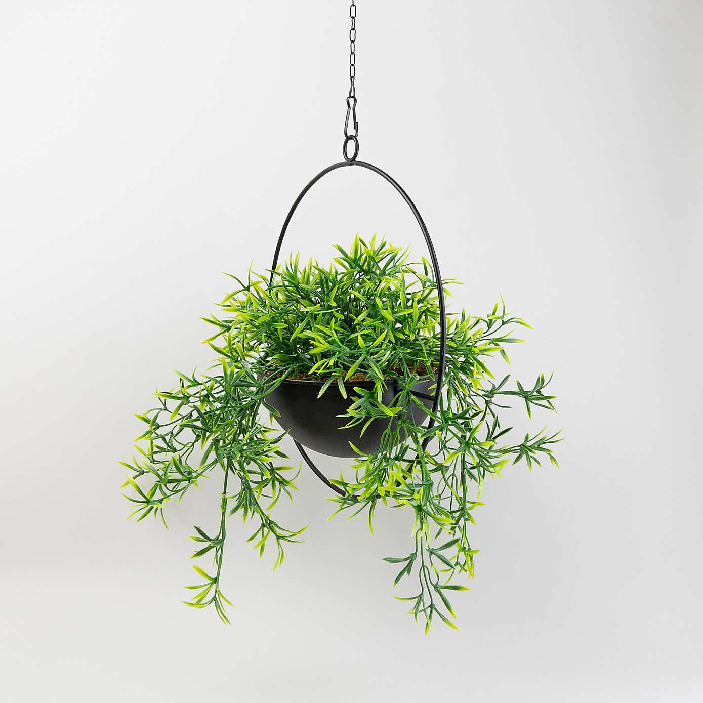 Artificial Trailing Plant in Black Industrial Round Hanging Plant Pot