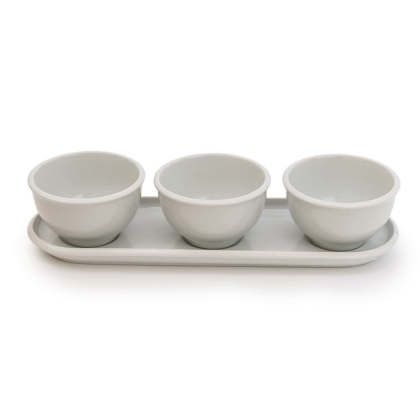White Set of 3 Dip Bowls with Platter