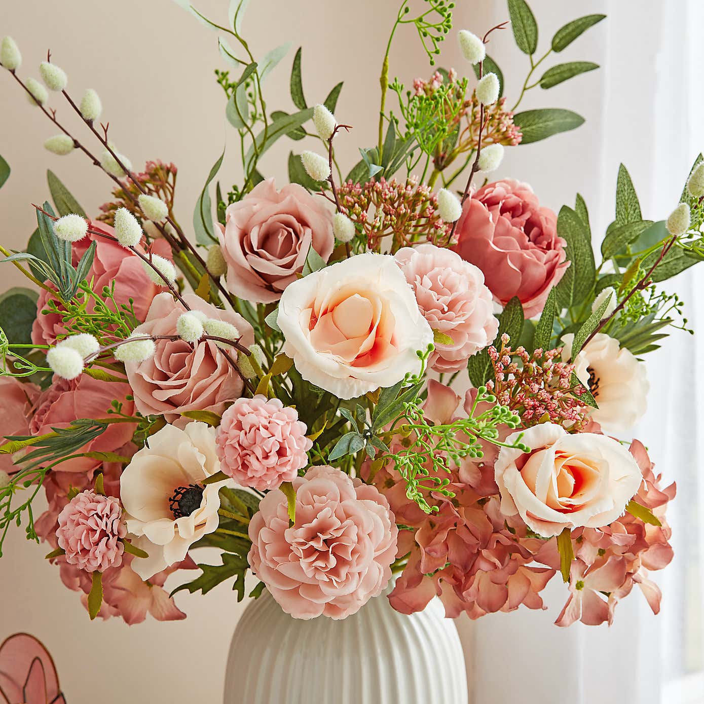 Artificial Pink Florals & Foliage Bouquet in Ribbed Ceramic Vase