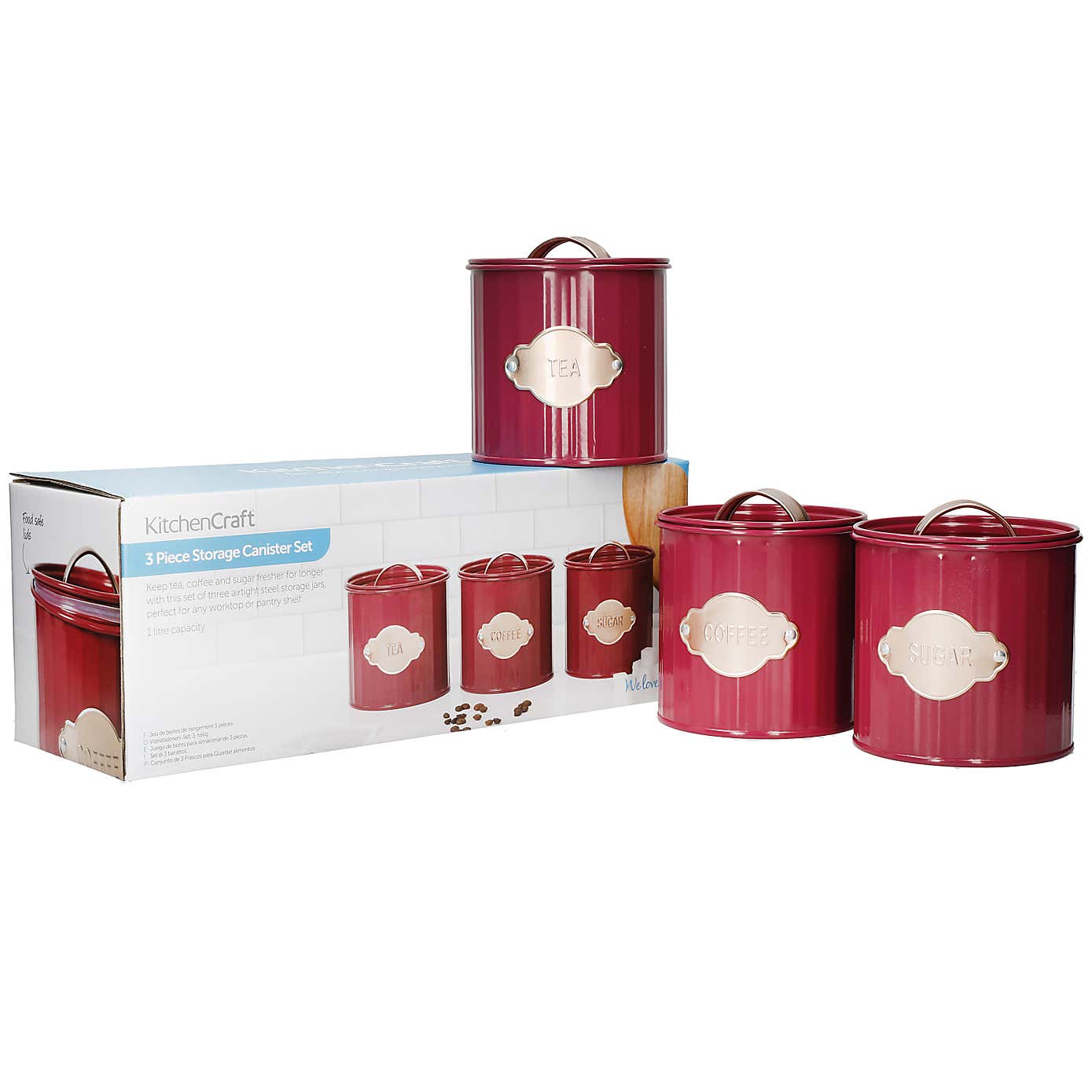 Set of 3 Airtight Canisters Burgundy