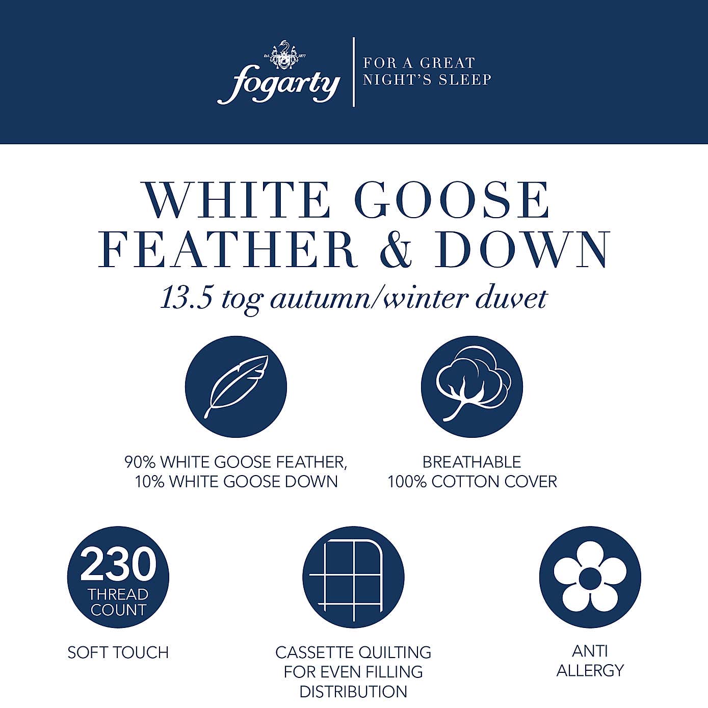 Fogarty Anti Allergy White Goose Feather and Down 13.5 Tog Duvet
