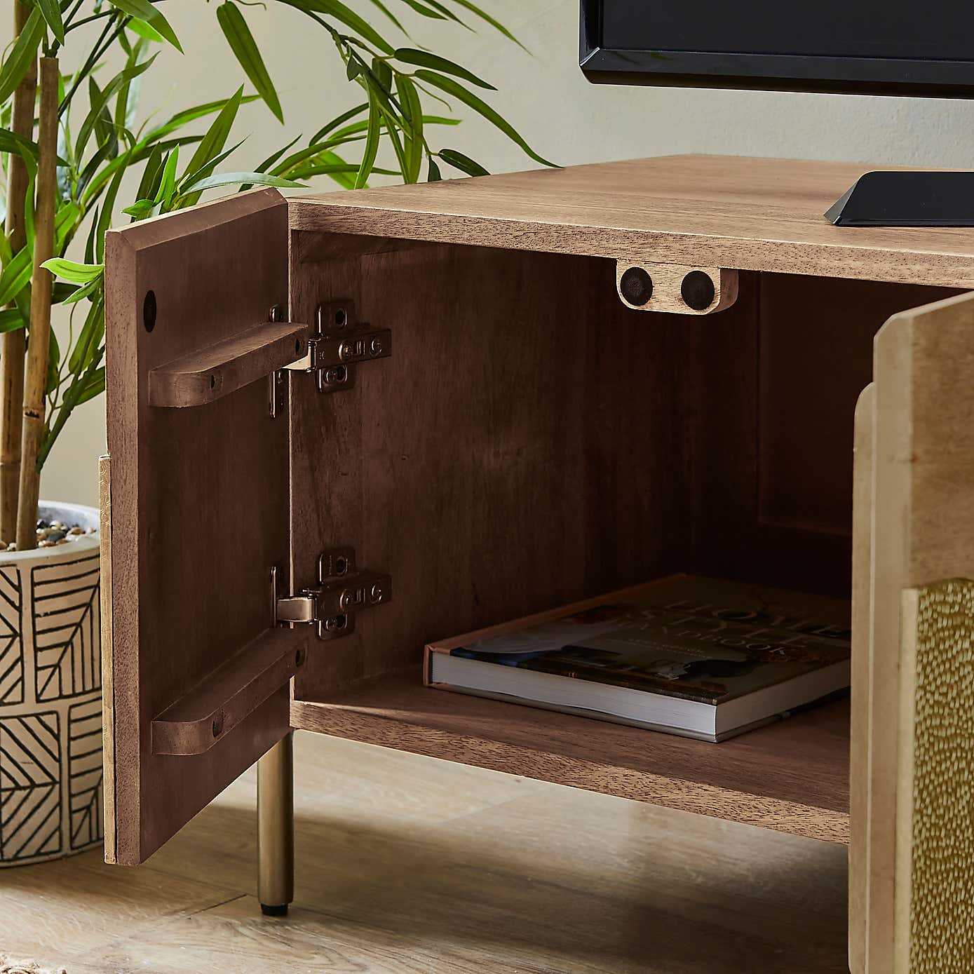 Zaneta Extra Wide TV Unit for TVs up to 80", Mango Wood and Brass