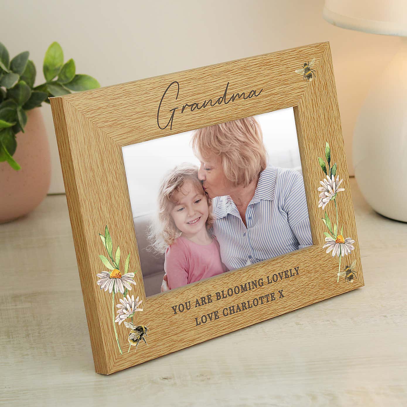 Personalised Floral Bee Oak Finish Photo Frame