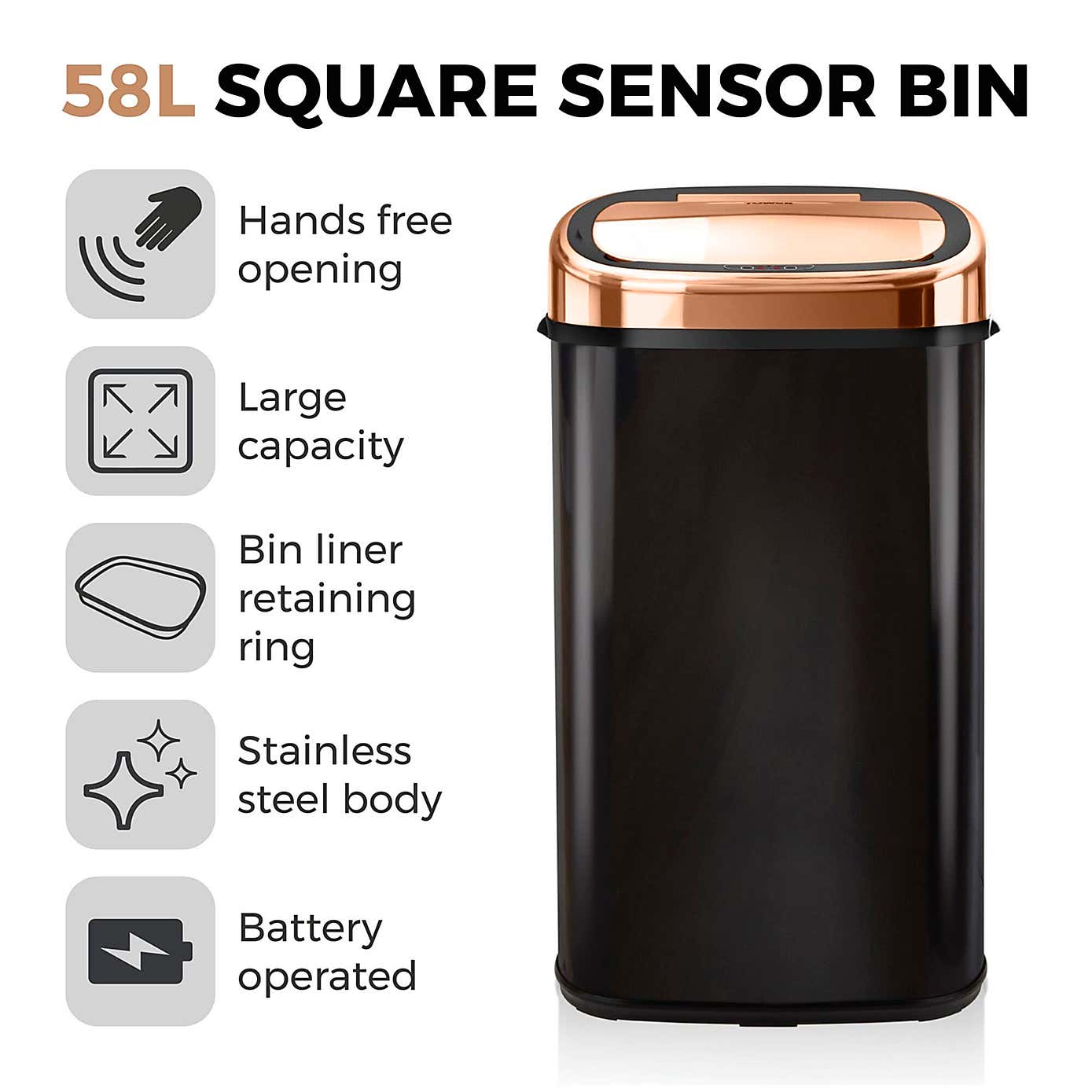 Tower Rose Gold 58L Square Sensor Bin