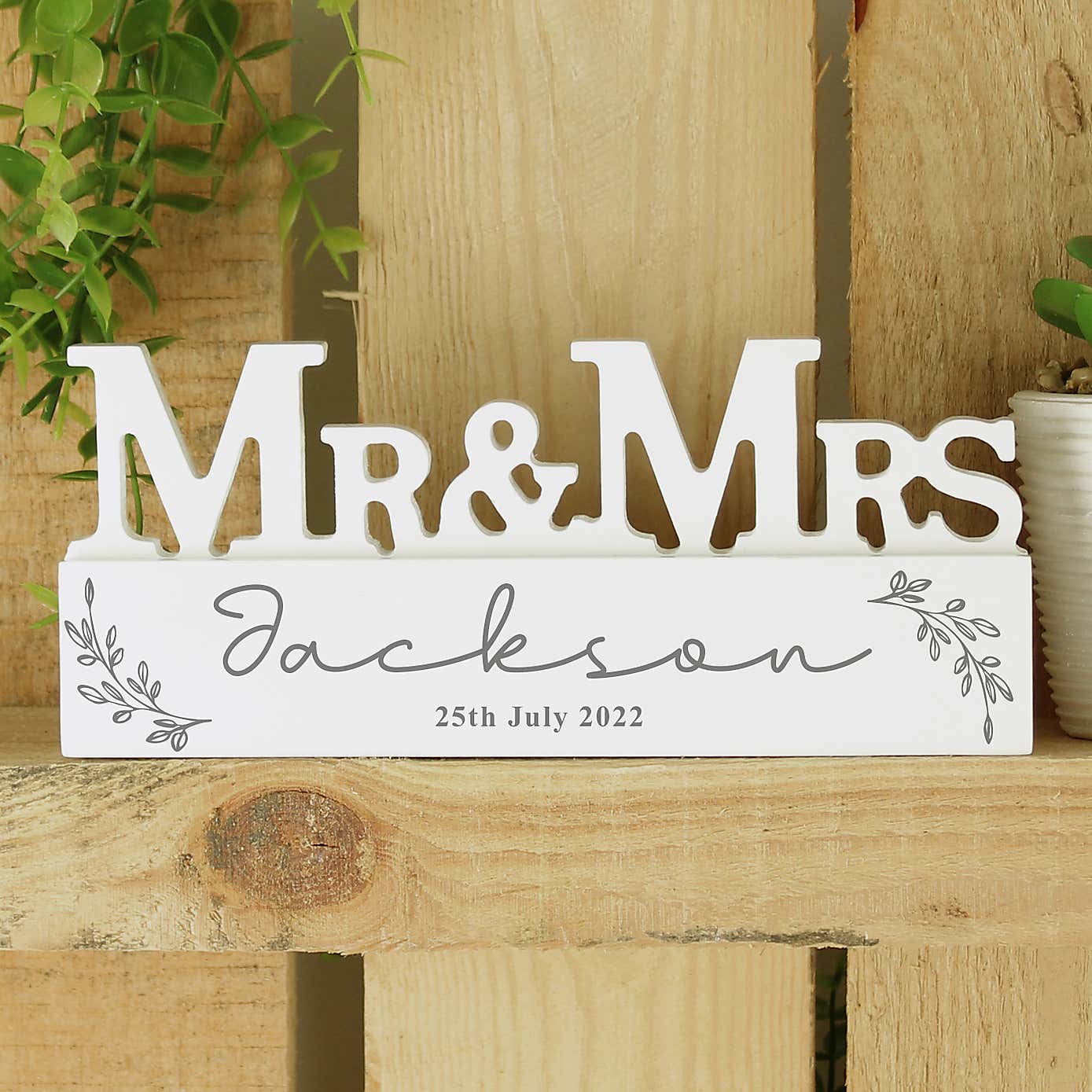 Personalised Leaf Wooden Mr and Mrs Ornament