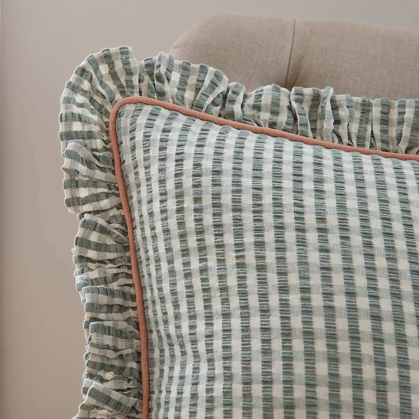 Seersucker Gingham Frill Cotton Square Cushion