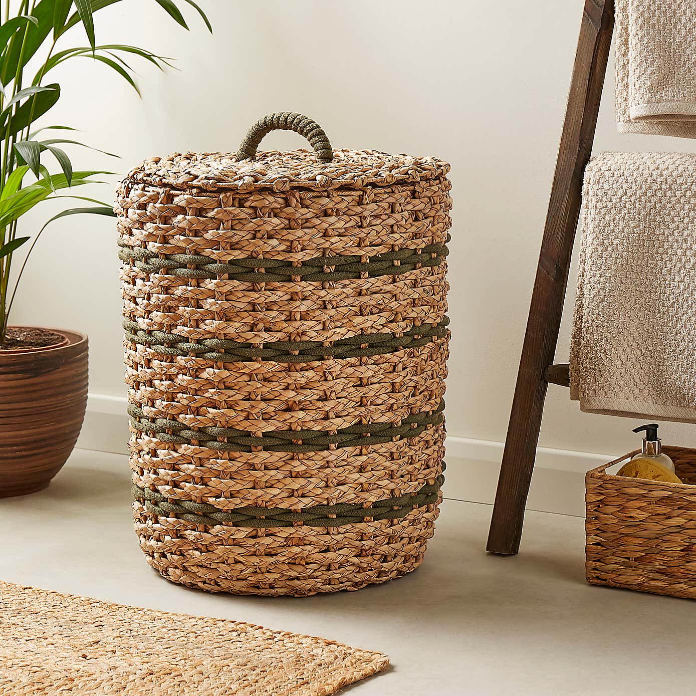 Rope Olive Green Stripe Rush Laundry Basket