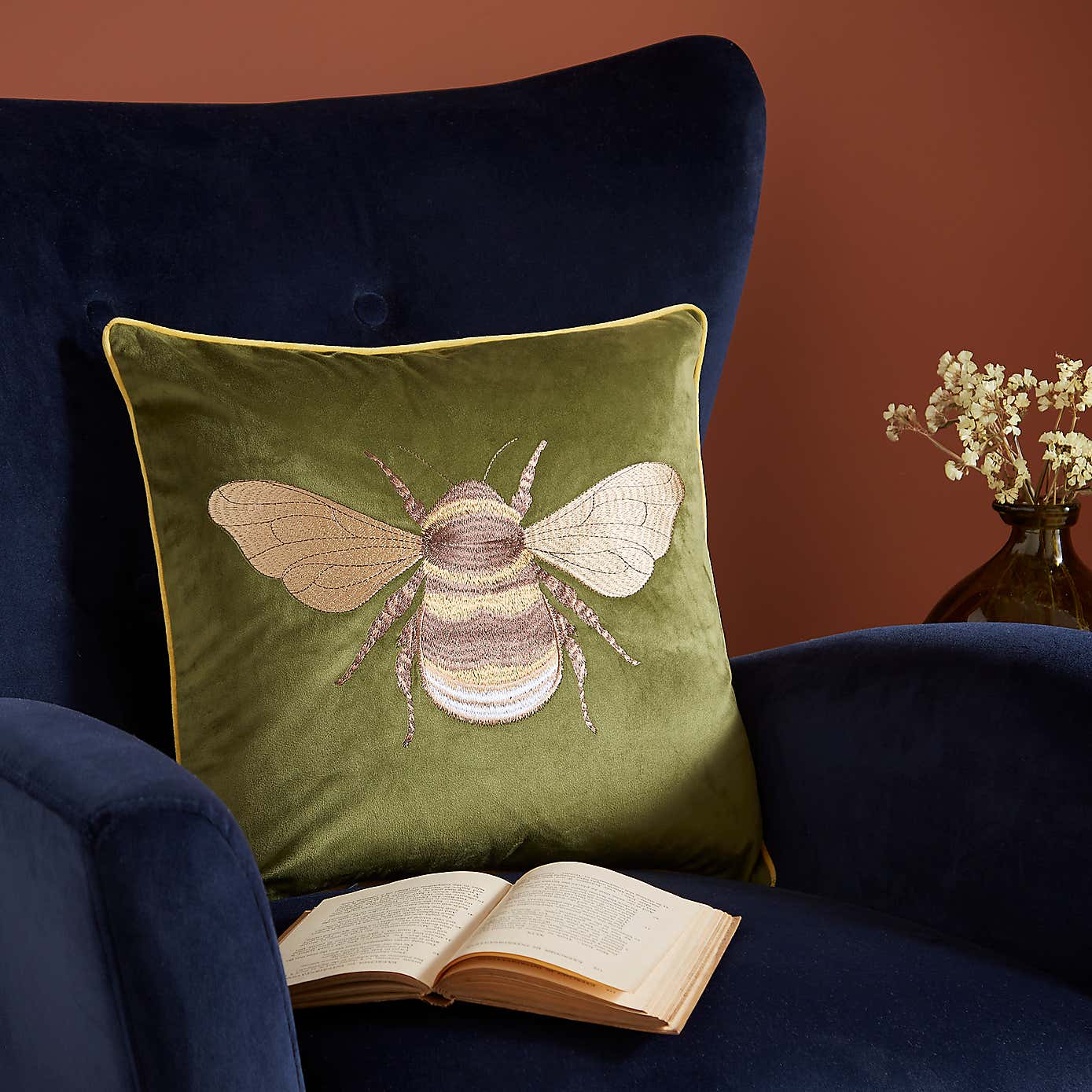 Embroidered Bee Square Cushion