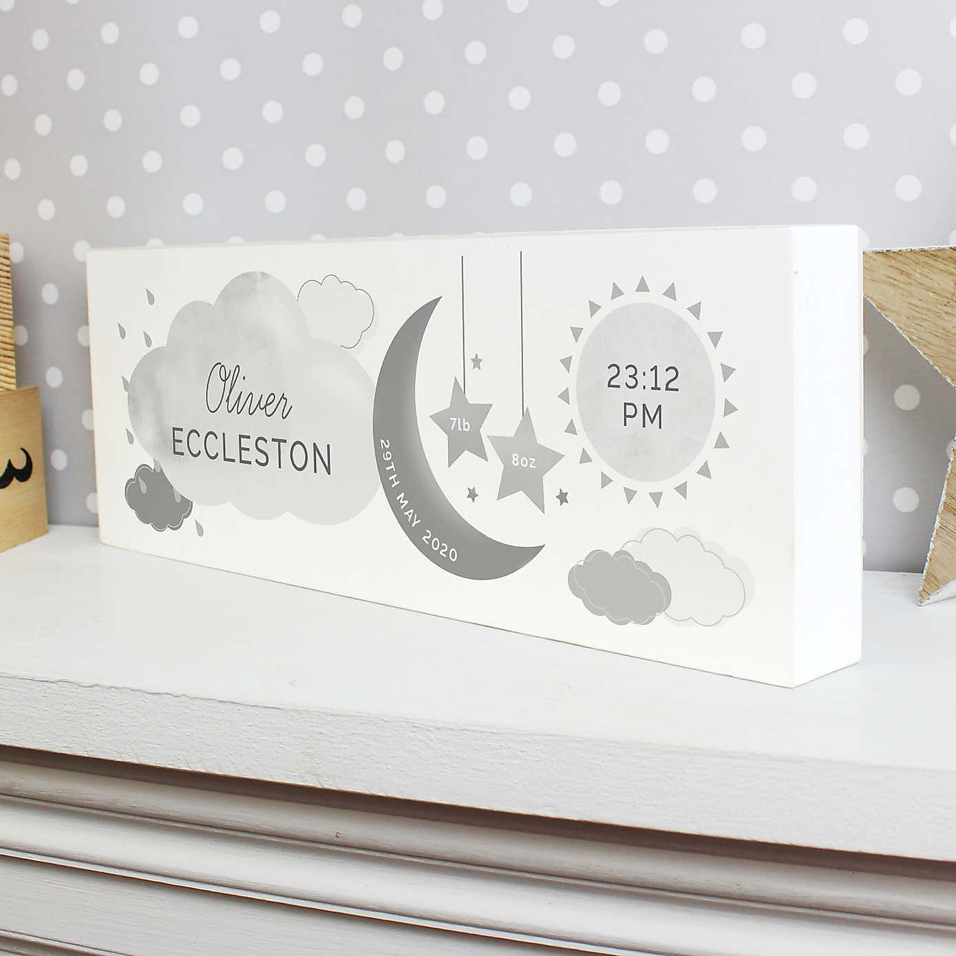 Personalised New Baby Moon and Stars Wooden Block Nursery Sign