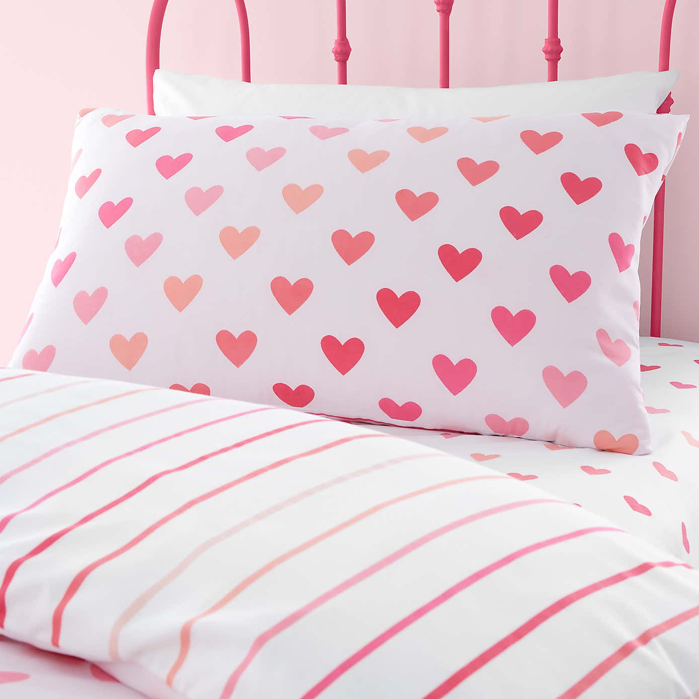 Catherine Lansfield Set of 2 Hearts and Stripes Reversible Duvet Cover and Pillowcase Sets