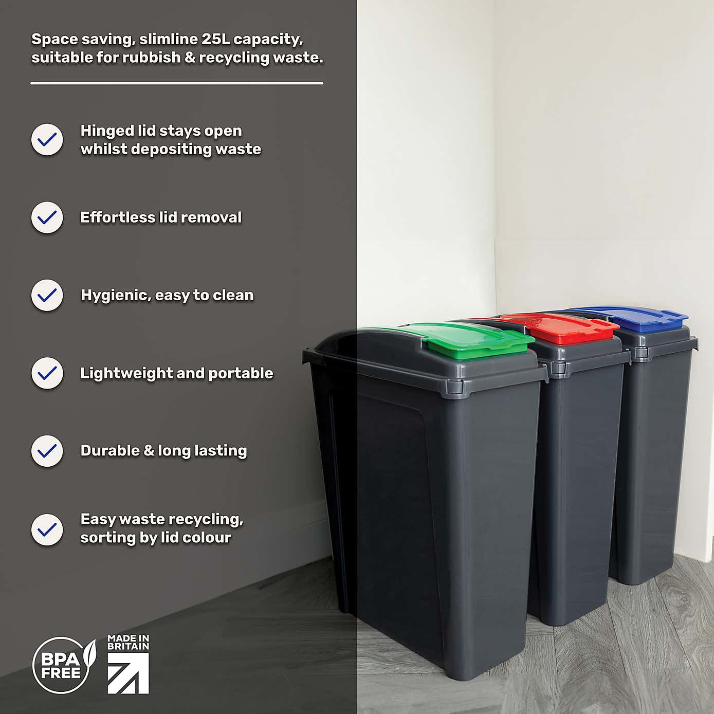 Wham 25L Set of 3 Recycling Bins with Red, Blue, & Green Lids