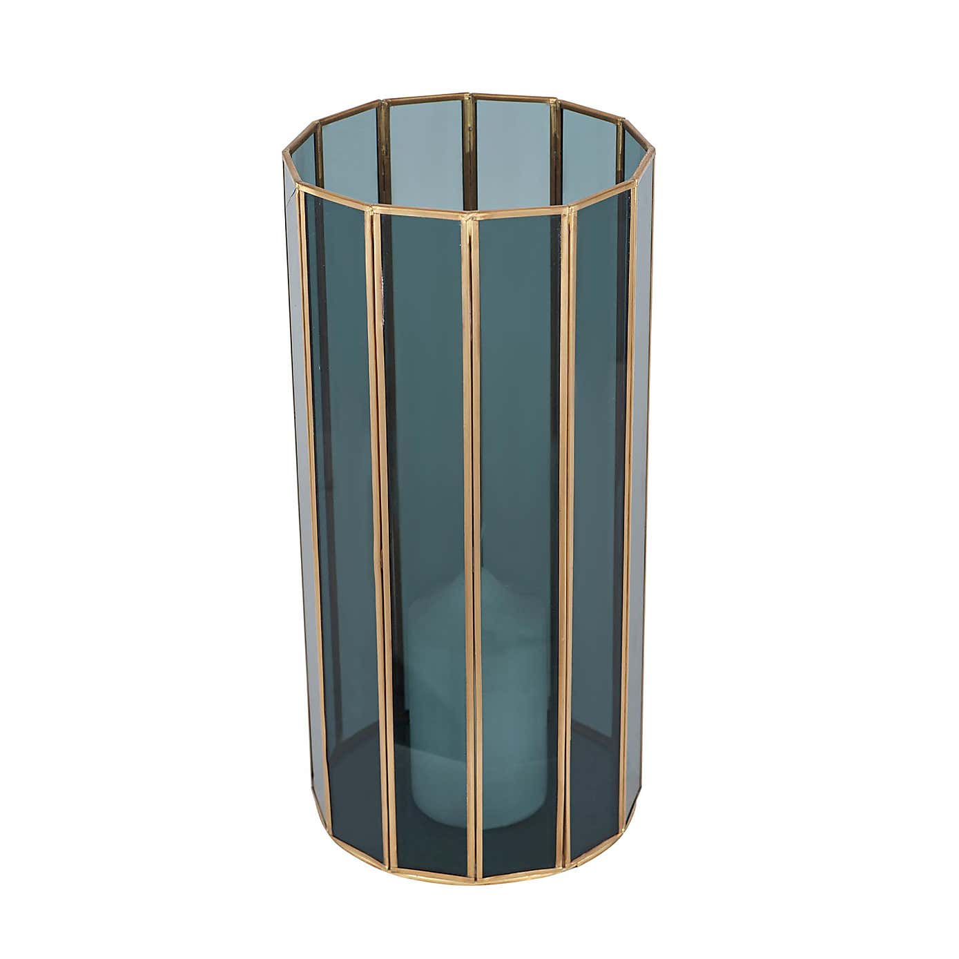 Brass & Smoked Glass Panelled Hurricane Candle Holder