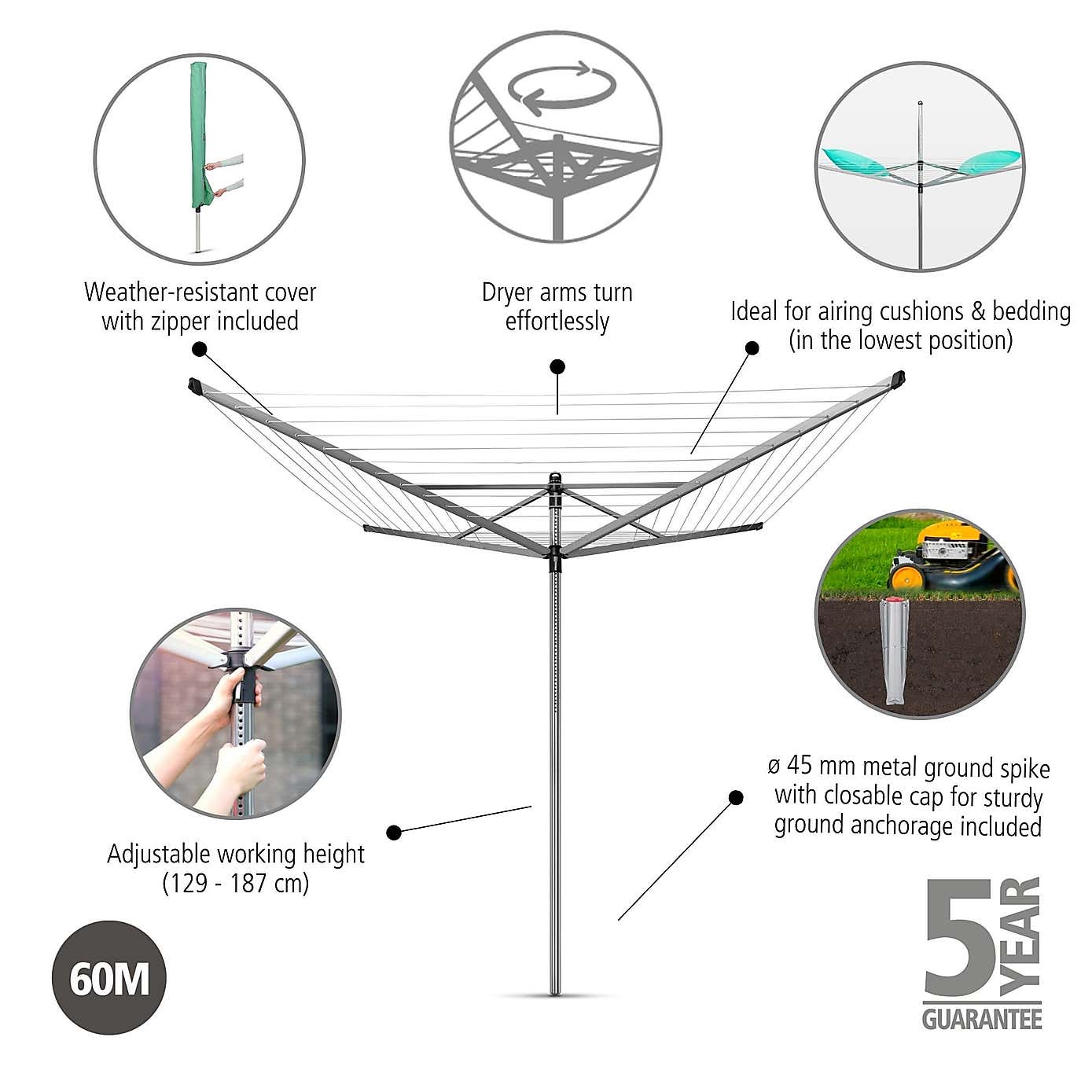 Brabantia Lift O Matic 60m Rotary Clothes Airer, Ground Spike & Cover